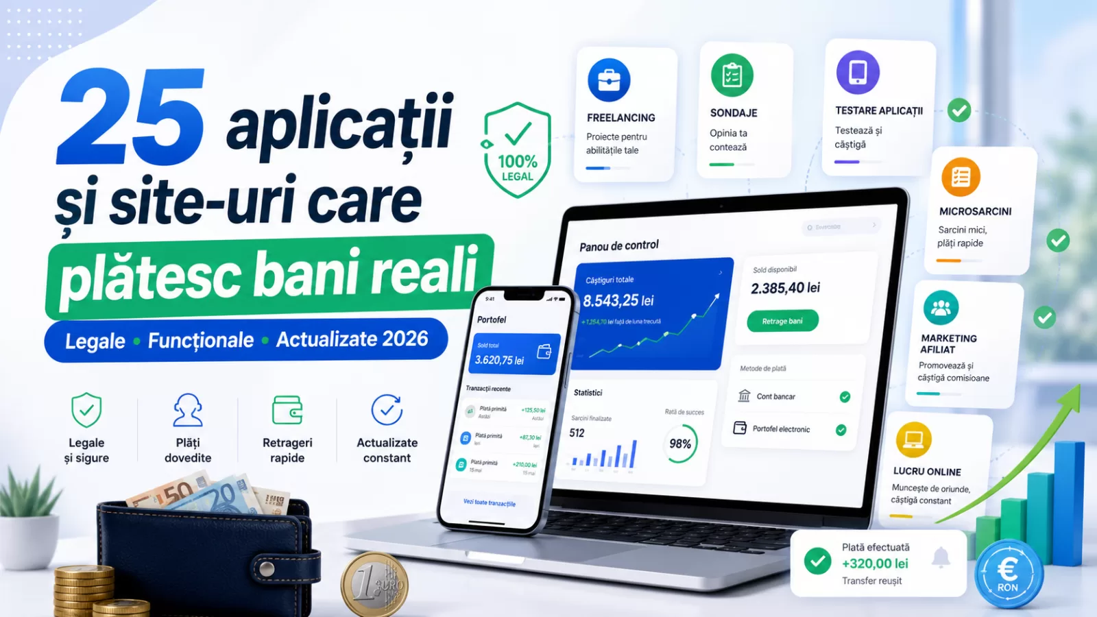 25 aplicații și site-uri care plătesc bani reali în 2026