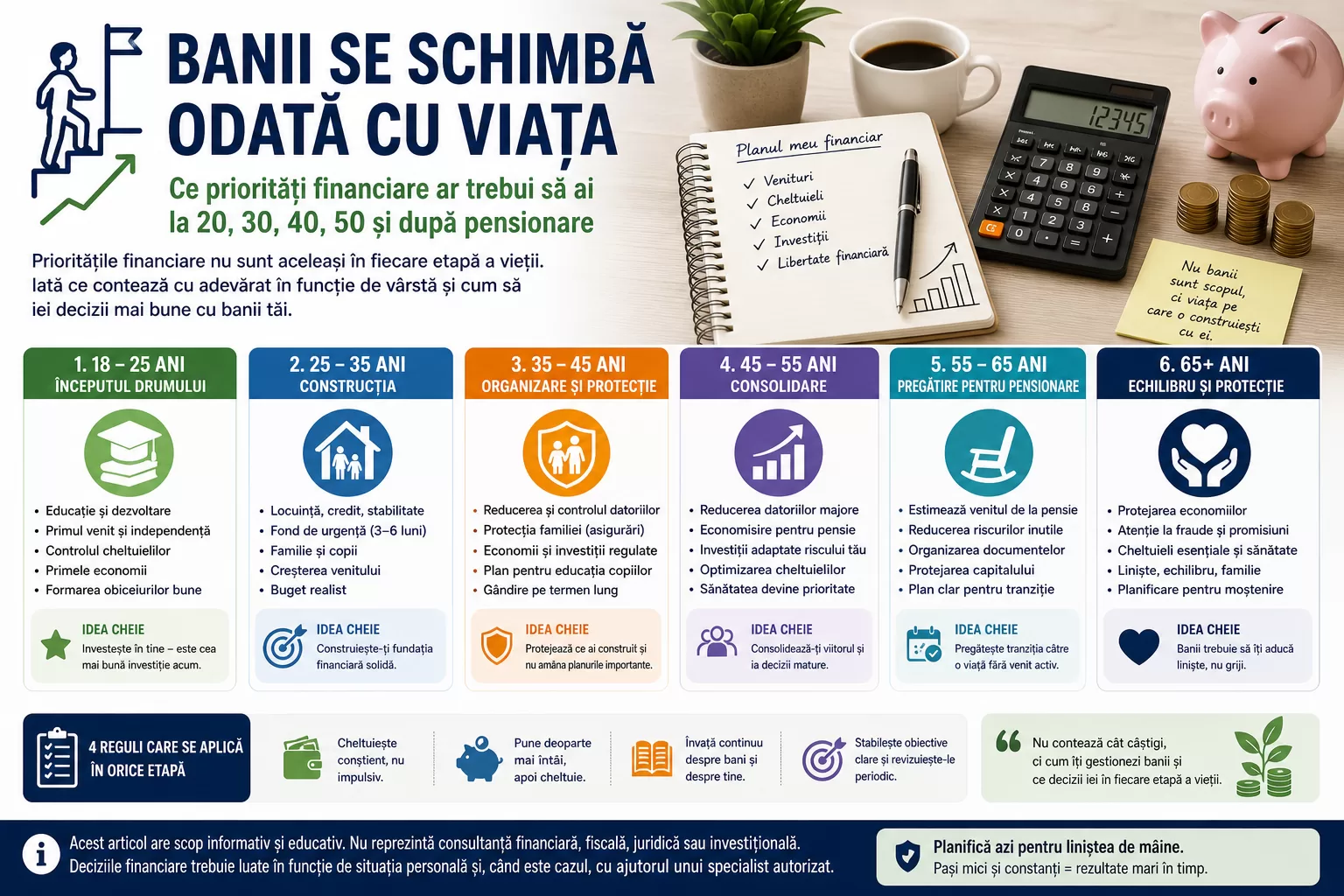 Banii se schimbă odată cu viața: ce priorități financiare ar trebui să ai la 20, 30, 40, 50 și după pensionare